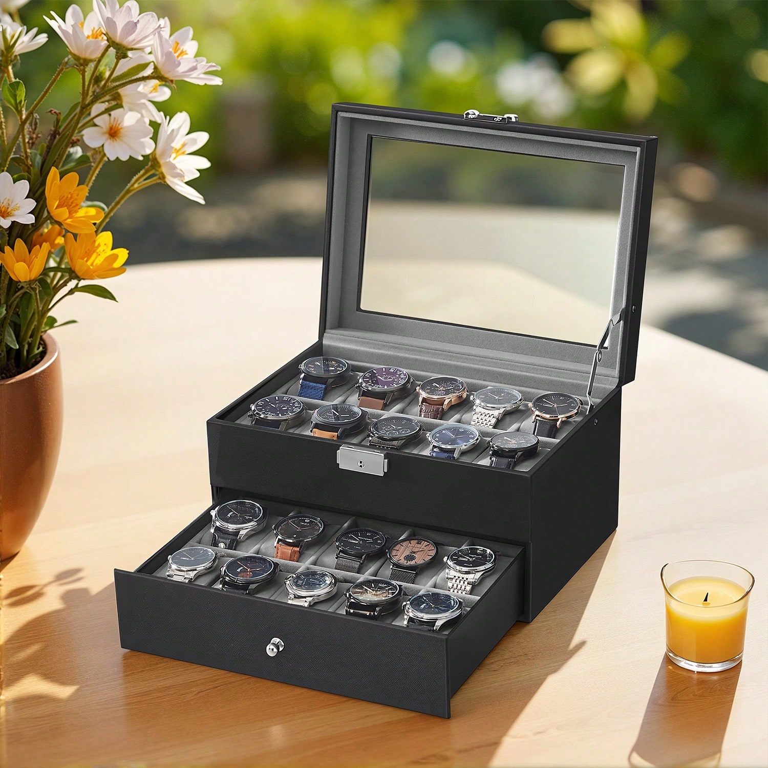 Watch Display Box - Horlogebox met 20 vakjes, glazen deksel