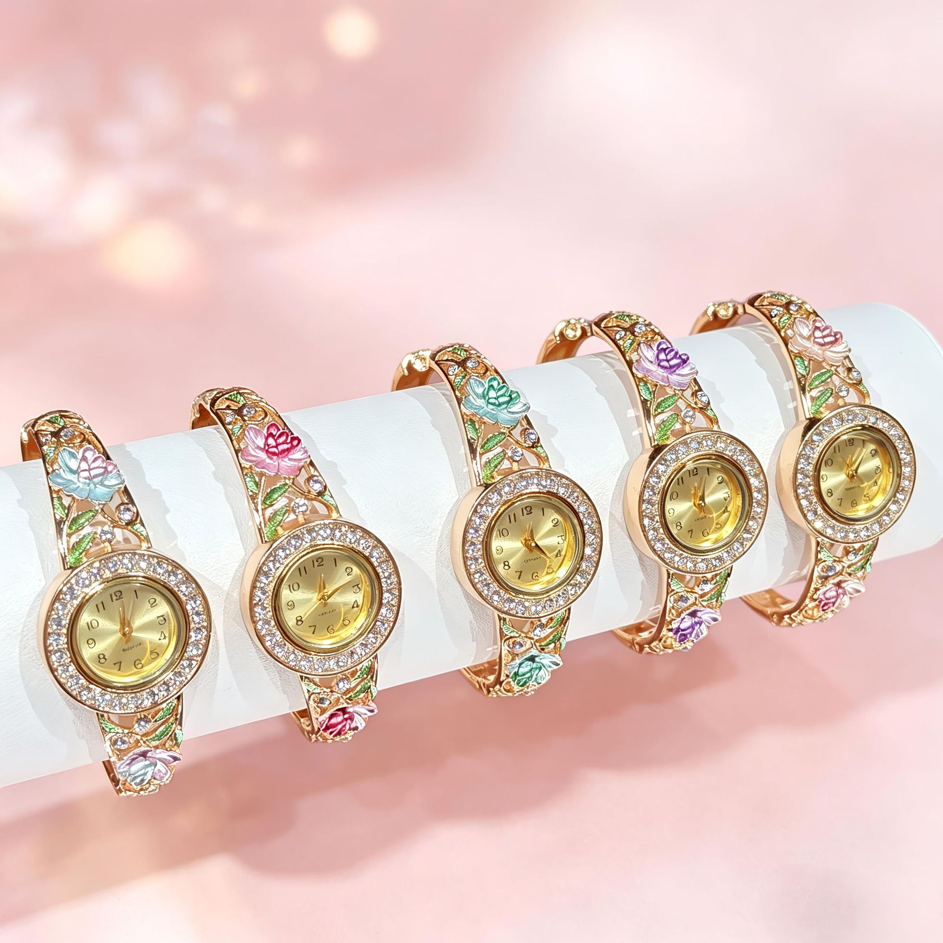 Jewelry Watches Vintage - Vintage gouden emaille bloemen polshorloge voor