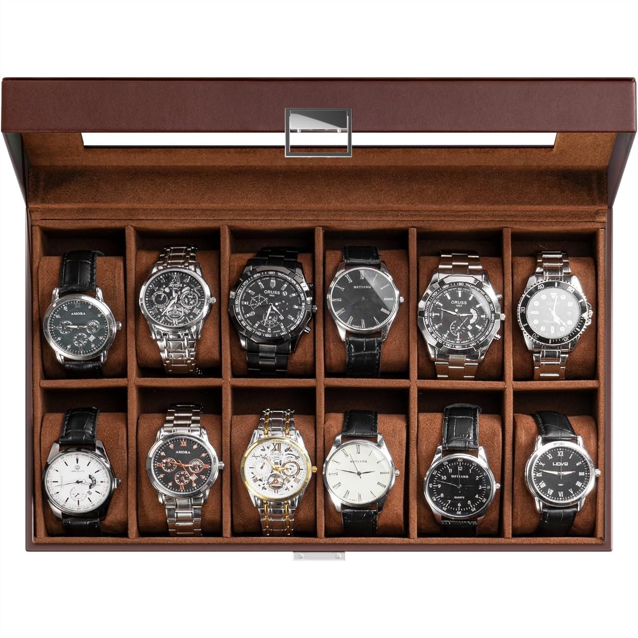 Watch Display Box - 12-delige horloge etalagekast met glazen deksel