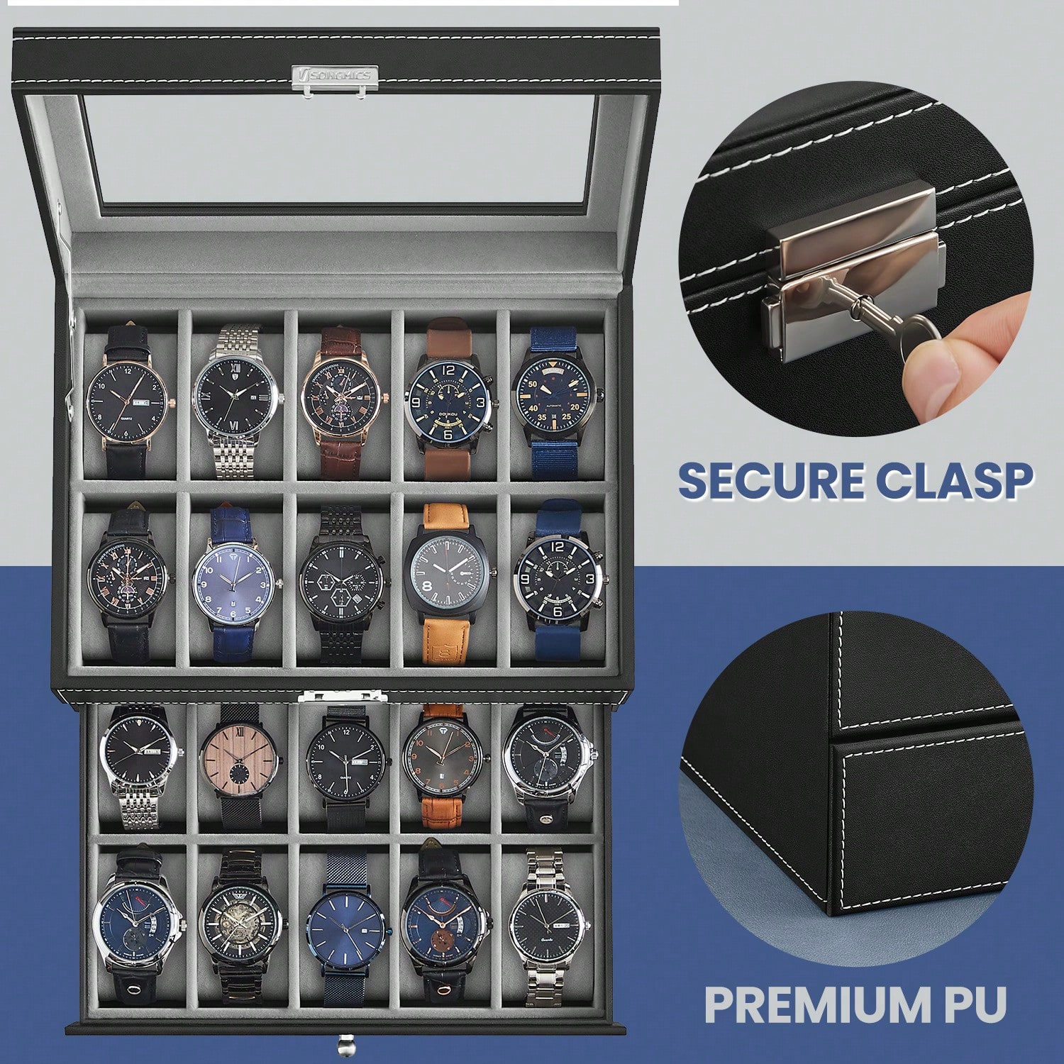 Horlogebox met 20 vakjes, glaz - Watch Display Box recensie en prijs