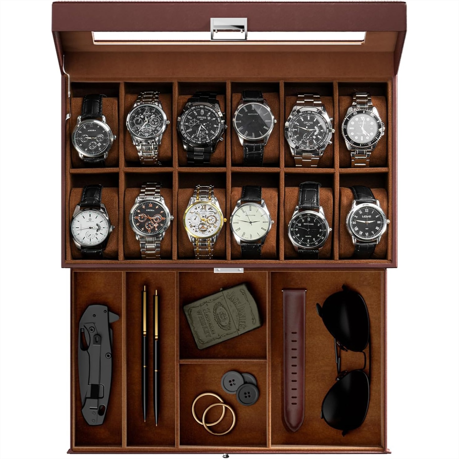 Horlogebox met 12 vakjes en la - Watch Display Box recensie en prijs