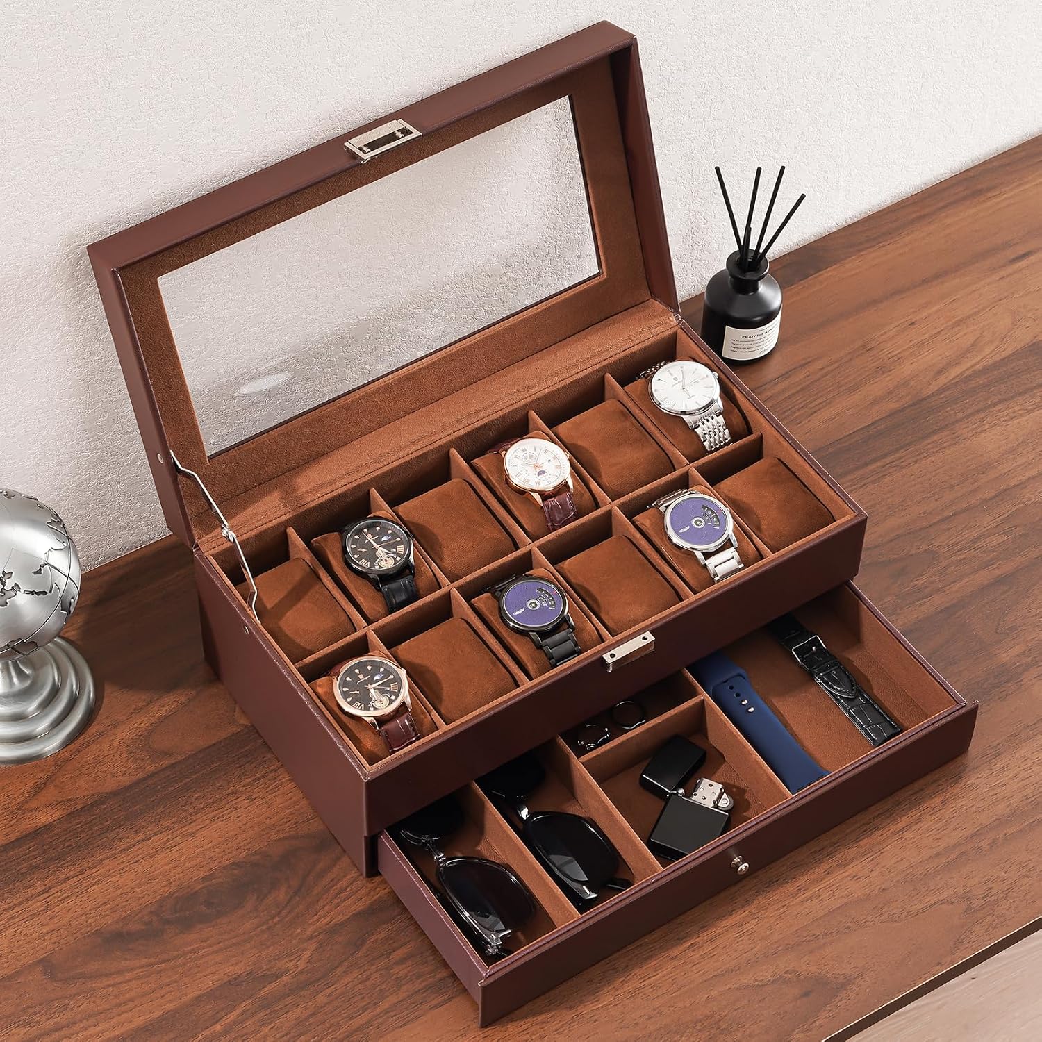 Horlogebox met 12 vakjes en la - Watch Display Box recensie en prijs